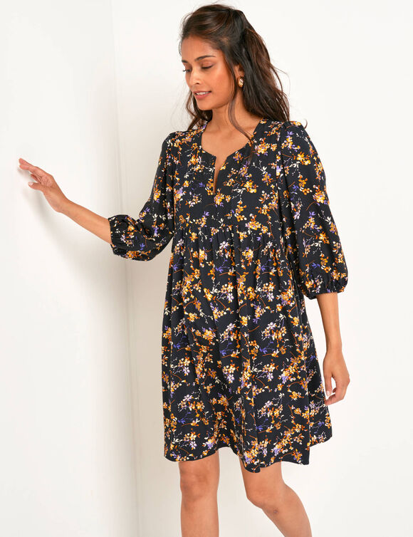 Robe manches blousantes, imprimé fleuri (noir / miel) Robe manches blousantes, imprimé fleuri (noir / miel)